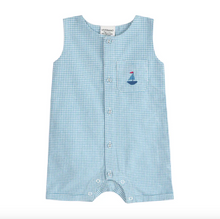 Load image into Gallery viewer, Blue checkered baby romper with a sailboat design on a white background