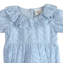 Load image into Gallery viewer, Light blue dress with ruffled neckline on a white background