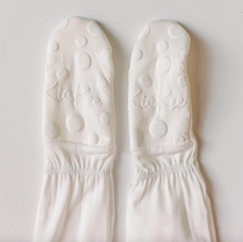Load image into Gallery viewer, Pair of white footies with 'KicKee' branding on a light gray background