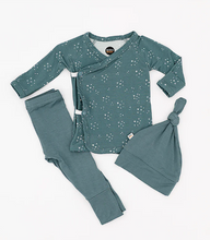 Load image into Gallery viewer, Teal baby outfit with top, pants, and hat on a white background