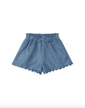 Load image into Gallery viewer, Blue shorts with ruffled hem on a white background