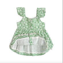 Load image into Gallery viewer, Green floral dress with white ruffle on a white background