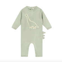 Load image into Gallery viewer, Green baby onesie with a dinosaur design on a white background