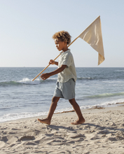 Load image into Gallery viewer, Child holding a flag on a beach with ocean waves in the background