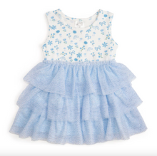 Load image into Gallery viewer, Children's dress with floral top and blue ruffled skirt on a white background