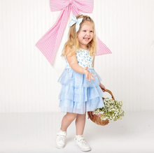 Load image into Gallery viewer, Young girl in a blue dress with a pink checkered bow in the background