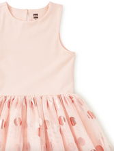 Load image into Gallery viewer, Pink dress with a tulle skirt and gold polka dots on a white background