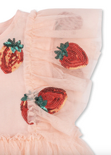 Load image into Gallery viewer, Pink tulle fabric with embroidered strawberry designs on a white background