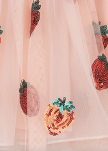 Load image into Gallery viewer, Sheer fabric with embroidered strawberry designs on a light pink background