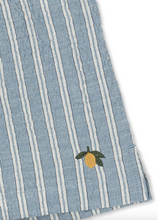 Load image into Gallery viewer, Blue and white striped fabric with a lemon design on a white background