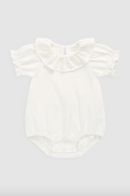Load image into Gallery viewer, White baby romper with ruffled sleeves on a light gray background