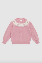 Load image into Gallery viewer, Pink knitted cardigan with floral embroidery on a light gray background
