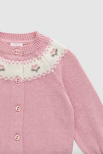 Load image into Gallery viewer, Pink baby cardigan with embroidered details on a light gray background