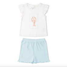 Load image into Gallery viewer, White t-shirt with a red lobster design and light blue shorts on a white background