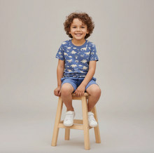 Load image into Gallery viewer, Child sitting on a stool wearing a blue t-shirt with dinosaur print and blue shorts.
