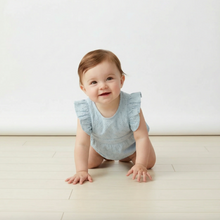 Load image into Gallery viewer, Organic Eyelet Flutter Romper - Light Blue Eyelet