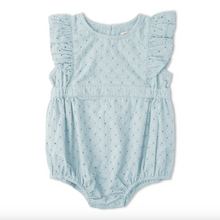 Load image into Gallery viewer, Organic Eyelet Flutter Romper - Light Blue Eyelet