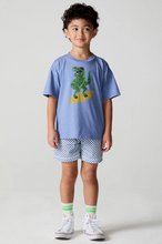 Load image into Gallery viewer, Child wearing a blue t-shirt with a dinosaur graphic and checkered shorts on a plain background