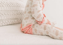 Load image into Gallery viewer, Print Layette Ruffle Footie With 2 Way Zipper - Natural Hippo