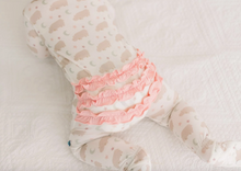 Load image into Gallery viewer, Print Layette Ruffle Footie With 2 Way Zipper - Natural Hippo