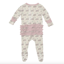 Load image into Gallery viewer, Print Layette Ruffle Footie With 2 Way Zipper - Natural Hippo