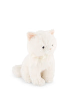 Load image into Gallery viewer, Angled front view of Moon the Kitty plush with pink inner ears, dark eyes, a cream bow, and a fluffy white tail.