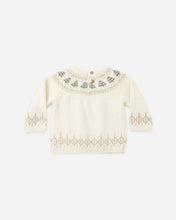 Load image into Gallery viewer, Back view of the cream tree Fair Isle sweater, showing two neckline buttons and patterned cuffs and hem.