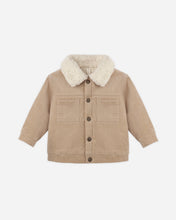 Load image into Gallery viewer, Latte tan corduroy jacket with a cream fleece collar, snap-front closure, and two square chest pockets.