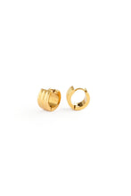 Load image into Gallery viewer, Gold-tone triple chunky hoop earrings displayed on a pastel blue and peach striped Pip Pop card.