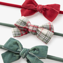 Load image into Gallery viewer, 3 Pack Bow Headbands Red Velvet, Green Velvet, & White, Red & Green Plaid