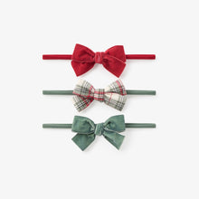 Load image into Gallery viewer, 3 Pack Bow Headbands Red Velvet, Green Velvet, & White, Red & Green Plaid