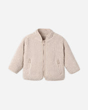 Load image into Gallery viewer, Rose water pink shearling zip jacket with a stand collar, long sleeves, and two zippered front pockets on a white background.