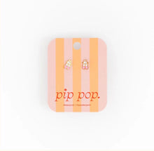 Load image into Gallery viewer, Pink and white ballet slipper stud earrings displayed on a pink and peach striped Pip Pop card.