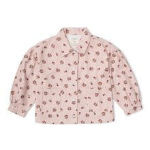 Load image into Gallery viewer, A light pink long-sleeve button-up shirt with a small brown floral pattern, featuring a pointed collar, silver-tone buttons, and two front patch pockets, laid flat on a white background.