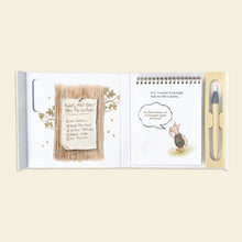 Load image into Gallery viewer, Open book showing Piglet introducing Pooh’s birthday surprise, a party checklist, and the water pen stored on the right.⠋