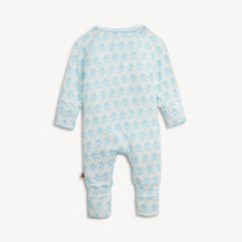Load image into Gallery viewer, A baby long-sleeve footless one-piece romper in white with a light blue repeating pattern of small cartoon figures, shown against a plain off-white background.