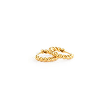 Load image into Gallery viewer, Pair of gold-tone braided hoop earrings overlapping on a white background, showing the twisted texture and hinged closures.