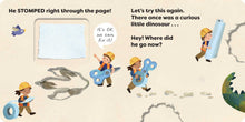 Load image into Gallery viewer, Children's book page with illustrations of construction workers and a dinosaur, featuring text about stomping through the page.
