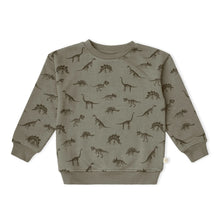Load image into Gallery viewer, A kids' crewneck sweatshirt in a muted olive green color, featuring an all-over print of dinosaur silhouettes in a darker brownish-green tone. The sweatshirt is laid flat against a clean white background.