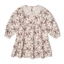 Load image into Gallery viewer, A long-sleeve tiered blouse with a dusty rose and green floral print on a cream background, featuring a scalloped eyelet collar.