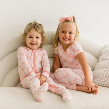 Load image into Gallery viewer, Print Muffin Ruffle Footie With 2 Way Zipper - Shrinking Violet Bow Lattice