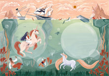 Load image into Gallery viewer, Illustration of a unicorn and a llama in a mystical landscape with ships and mountains.