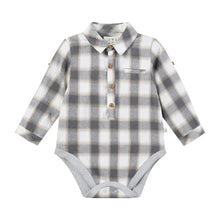 Load image into Gallery viewer, Plaid baby bodysuit with long sleeves on a white background
