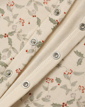 Load image into Gallery viewer, Organic Long John Pajamas in Holly Fleur, close-up of the holly print and snaps
