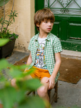 Load image into Gallery viewer, Child wearing a green checkered shirt and orange shorts sitting outdoors.
