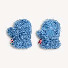 Load image into Gallery viewer, Pair of blue fluffy mittens on a white background
