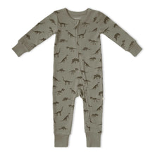 Load image into Gallery viewer, A baby long-sleeve footless one-piece sleeper in sage green with an allover dinosaur print, featuring a front zipper and ribbed cuffs and hem, shown on a plain white background.
