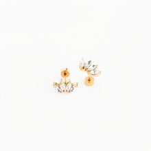 Load image into Gallery viewer, Gold-tone crawler stud earrings with clear marquise-shaped stones and flat screw-on backs, shown at an angle.
