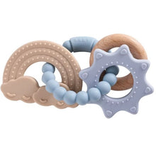 Load image into Gallery viewer, Teething ring with wooden elements and blue beads on a white background
