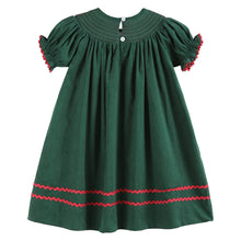 Load image into Gallery viewer, Green Christmas Mistletoe Smocked Bishop Dress
